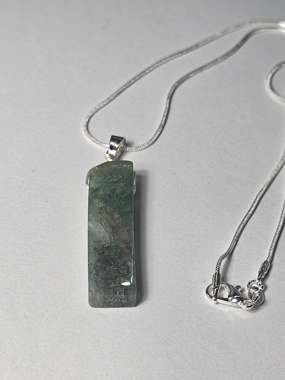 Silver Moss Agate Rectangular Pendant Necklace - Women Jewelry - Picture 7 of 7